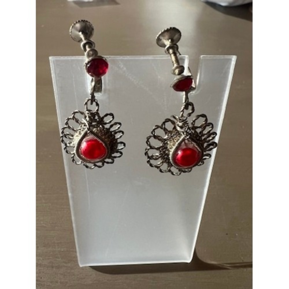 Vintage Filigree Drop Earrings Red Silver Screw Back Floral Victorian Revival